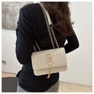 Chic woven crossbody bag with gold S-logo lock and tassel chain strap for women