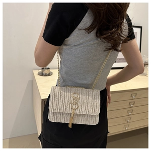 Retro woven straw chain bag in cream white with gold tassel for summer fashion