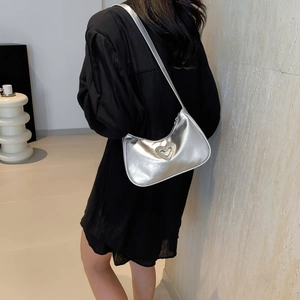 Silver metallic heart crescent hobo bag in soft PU leather with rhinestone accent