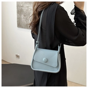 Light blue lychee pattern leather flap crossbody bag worn with a black outfit