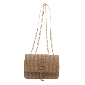 Retro straw crossbody bag with golden chain strap and woven herringbone pattern