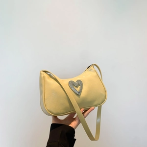 Women PU Leather Shoulder Bag Fashion Underarm Bag With Rhinestone Heart Decor Summer Casual Daily Solid Color Messenger Bag