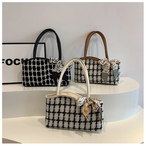 Chic houndstooth plaid wool shoulder bags with scarf wrap handles and round rings