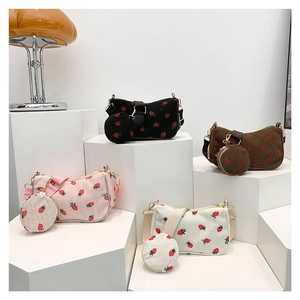 Corduroy Shoulder Bag Strawberry Print Underarm Bag For Women With Mini Round Coin Purse Cute Pastoral Style