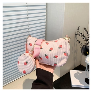 Pink corduroy floral handbag with strawberry pattern, wide strap and mini coin purse