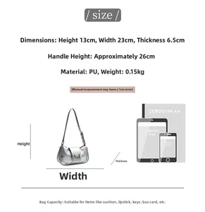 Detailed size chart for silver embossed underarm bag with A4 and iPad comparison