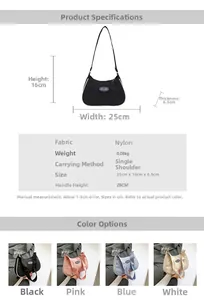 Detailed size parameters and color options for the lightweight nylon shoulder bag