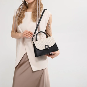 Chic contrast straw patchwork crossbody bag with elegant round buckle and thin strap