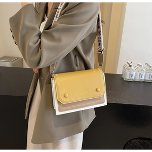 Detail of color-block square bag with vintage embroidered wide strap and decorative buckles