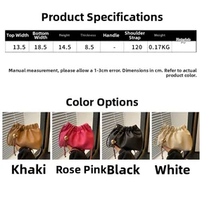 Size chart showing dimensions and PU material for the mini drawstring chain bucket bag