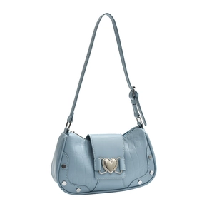 Light blue faux crocodile underarm bag with silver heart buckle and rivet detailing