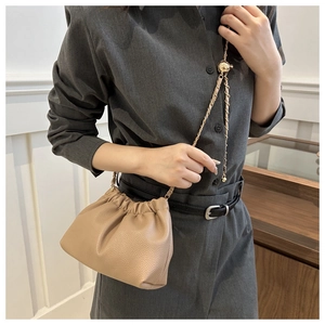 Detail of khaki dumpling bag showing lychee grain leather texture and gold chain strap