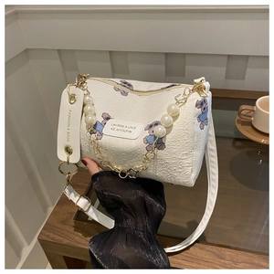 Sweet Floral Nylon Cylindrical Shoulder Bag For Women Artificial Pearl Chain Bear Print Crossbody Pillow Bag Daily Casual Handbag