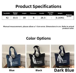 Tableau des tailles détaillé et dimensions pour grands sacs cabas rétro en toile de trois couleurs