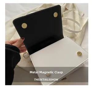 Detail of golden magnetic snaps and black-and-white color block interior of the handbag
