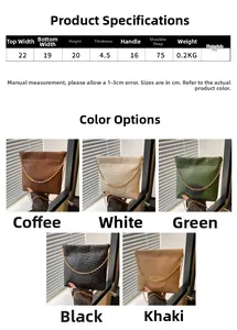 Detail shot of PU woven bucket bag dimensions and various color options available