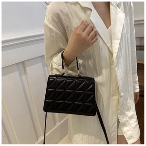 Classic black quilted handbag with crossbody strap worn by model in a bright interior