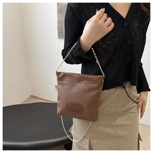 Detail of a brown woven texture crossbody bag featuring a delicate gold chain strap