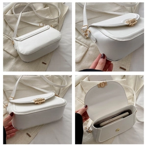 Detailed views of a white leather crossbody bag with gold hardware and phone storage