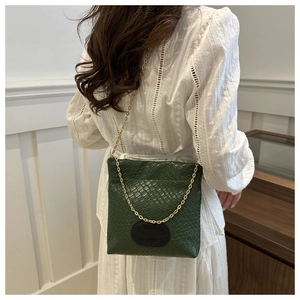 Green woven chain bucket bag styled on shoulder with minimalist white wall background