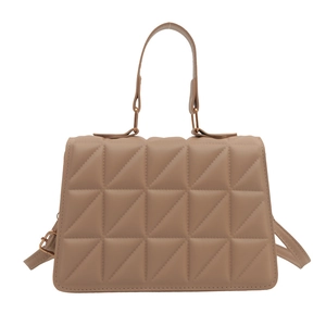 Deep beige quilted PU leather crossbody bag with top handle and adjustable strap