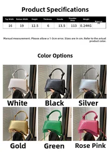 Detailed size chart and six color options for the faux leather crocodile pattern handbag