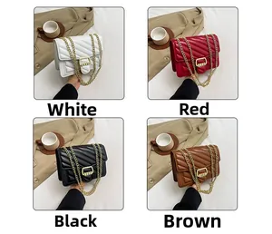 Quilted crossbody bag collection in white, red, black, and brown with gold chain straps