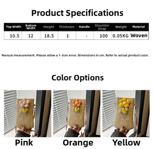 Size chart for woven straw crossbody bag with detailed dimensions and flower accent