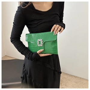 Green crocodile-textured envelope clutch bag with luxury square crystal buckle decoration