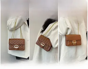 Three-way view of a brown quilted chain bag used as a handbag, shoulder and crossbody bag