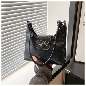Black vintage textured PU leather bucket bag with silver bow and knotted shoulder strap
