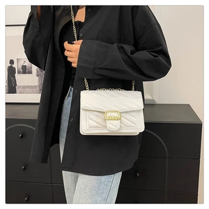 Close-up of white quilted crossbody bag with gold rectangular clasp and chain strap