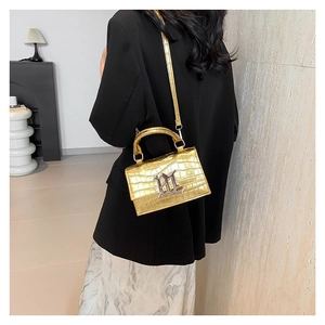 Gold crocodile pattern mini handbag with silver logo, stylish 2024 summer luxury style