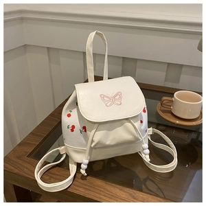 Women's Mini Fashion Backpack PU Leather Bucket Bag Sweet Butterfly Embroidery Cherry Strawberry Floral Print Drawstring Backpack