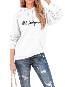 Detail of white hooded sweatshirt featuring Old Lady-ish lettering and kangaroo pocket