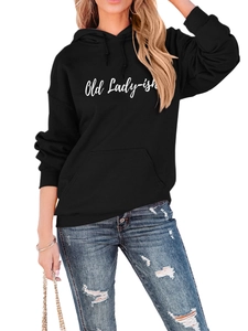 Detail of black cotton hoodie with white Old Lady-ish script print and drawstring hood