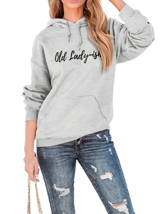 Close-up of light grey hoodie featuring Old Lady-ish text and front kangaroo pocket