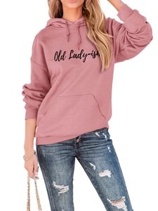Close-up of pink hoodie with Old Lady-ish script lettering and front kangaroo pocket