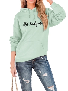 Detail of mint green hoodie featuring Old Lady-ish script text and kangaroo pocket