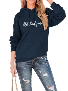 Close-up of Navy Blue hoodie with white Old Lady-ish script print and kangaroo pocket