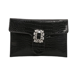 Chic black crocodile pattern PU leather clutch bag with a sparkling rhinestone buckle