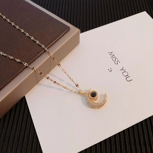 Golden moon pendant necklace with micro-p镶 diamonds and I love you projection stone