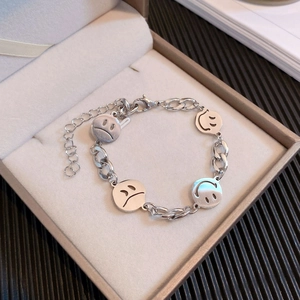 Titanium steel chain bracelet with smiley and sad face charms for hip-hop street style