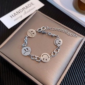 Smiley Face Sad Emoji Bracelet Titanium Steel Streetwear Hip Hop Hollow Round Pendant Jewelry For Men Women