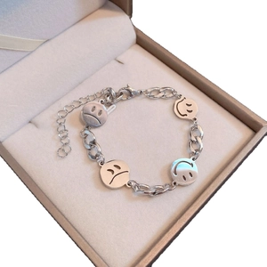 Titanium steel chain bracelet featuring hollow smiley and sad faces with lobster clasp