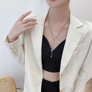 Minimalist silver titanium steel Y-necklace with toggle clasp and bead charms for women