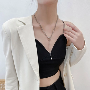 Stainless Steel Y-Shaped Tassel Necklace With Metal Beads Toggle Clasp Long Chain Hip Hop Streetwear For Women Men