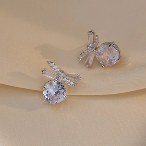 Butterfly Bowknot Stud Earrings Copper Cubic Zirconia Sparkling Elegant Korean Style Jewelry Accessories Women