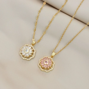 Roterende Zonnebloem Hanger Ketting Titanium Staal Verguld Zirkonia Bloemvorm Mode Sieraden Voor Dames