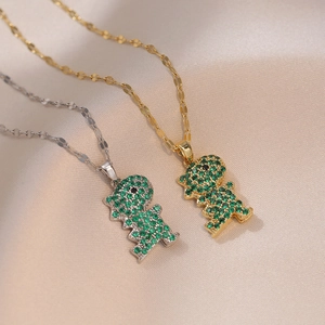 Dinosaur Pendant Necklace Stainless Steel Green Zircon Emerald Inlaid Korean Trendy Niche Design For Women